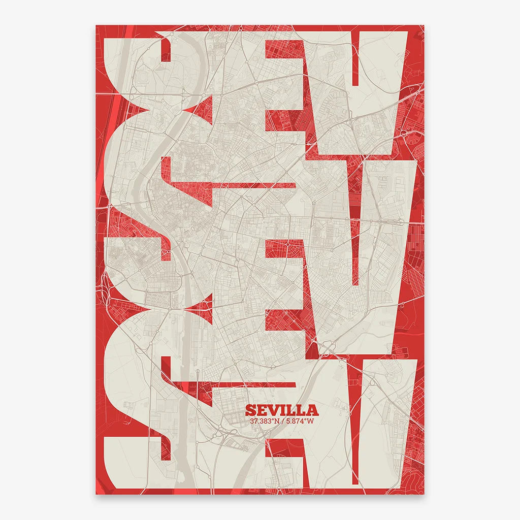Poster of Sevilla composed with letters from its abbreviation or its airport IATA code printed on red and an off-white background