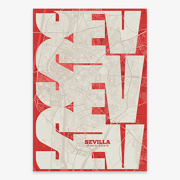 Poster of Sevilla composed with letters from its abbreviation or its airport IATA code printed on red and an off-white background