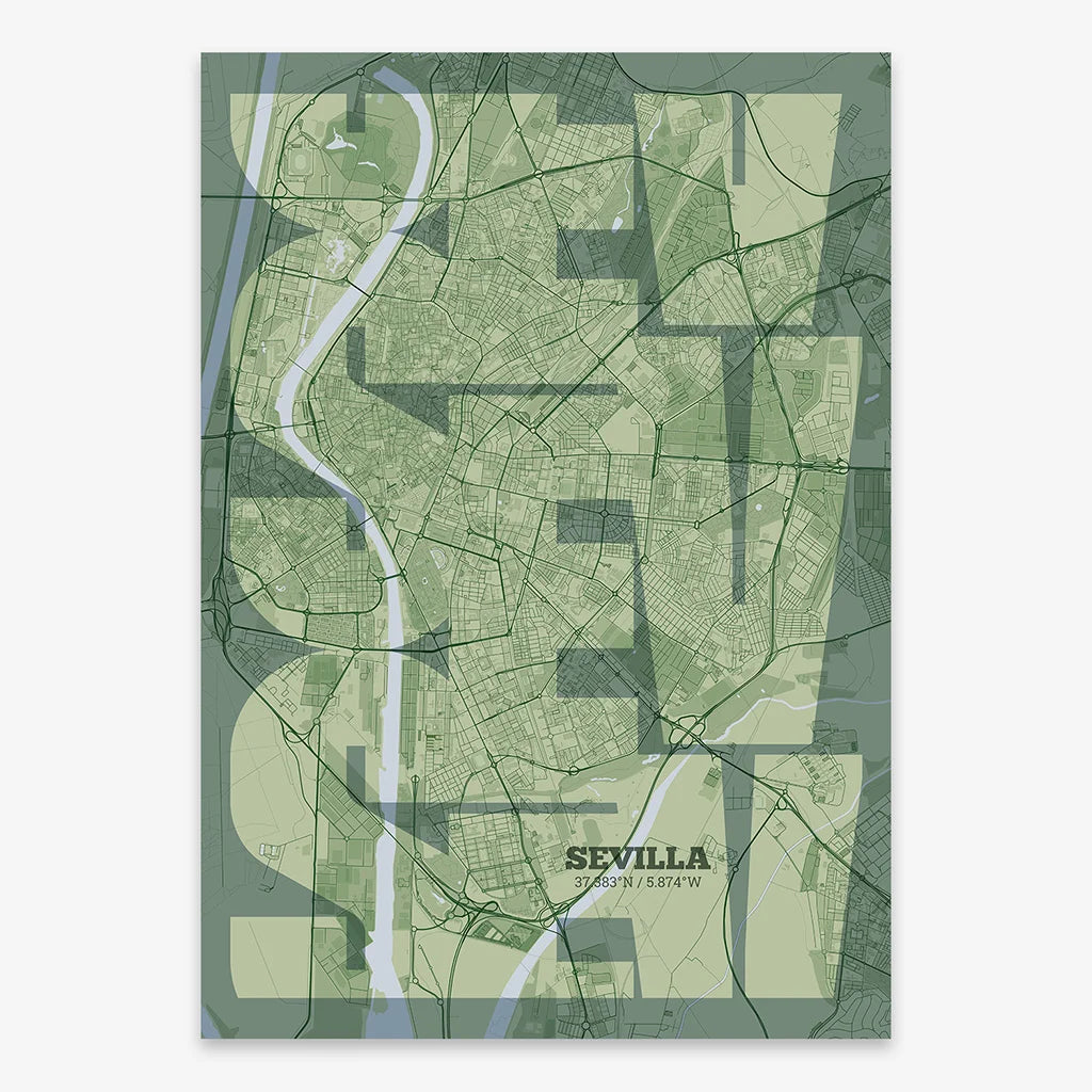 Poster of Sevilla composed with letters from its abbreviation or its airport IATA code printed on two green tones