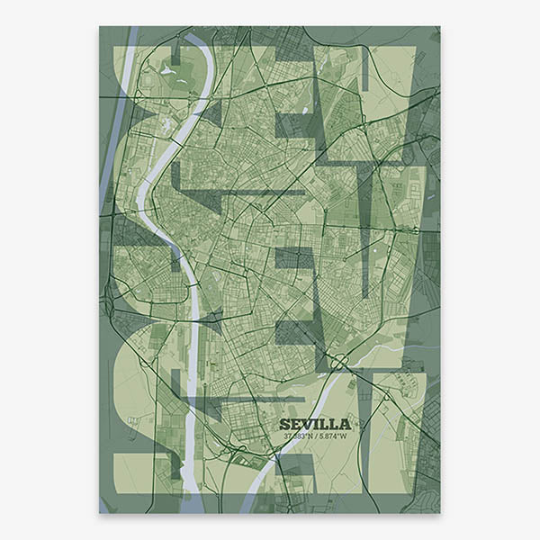 Poster of Sevilla composed with letters from its abbreviation or its airport IATA code printed on two green tones
