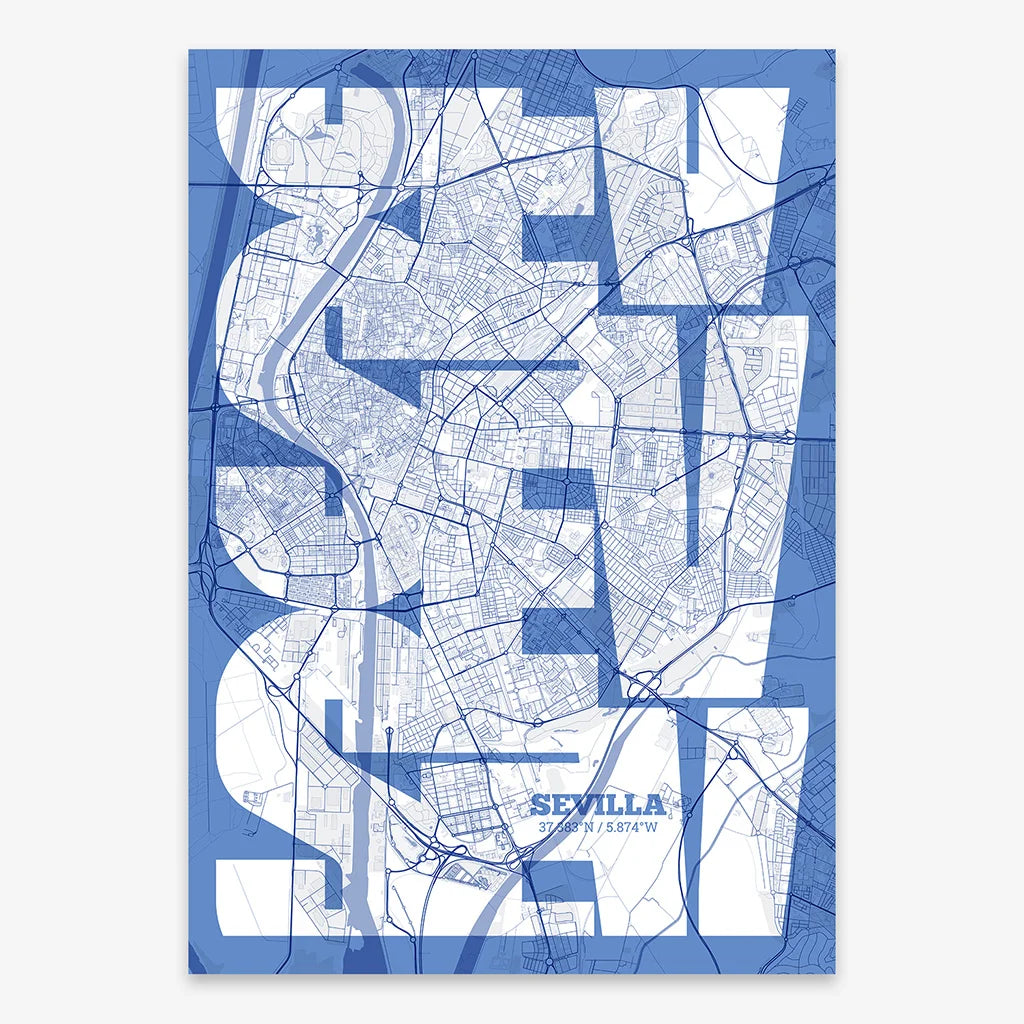 Poster of Sevilla composed with letters from its abbreviation or its airport IATA code printed on navy blue and white