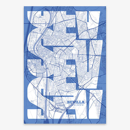 Poster of Sevilla composed with letters from its abbreviation or its airport IATA code printed on navy blue and white