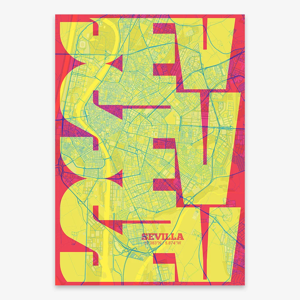 Poster of Sevilla composed with letters from its abbreviation or its airport IATA code printed on yellow and fuchsia