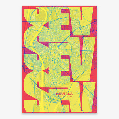 Poster of Sevilla composed with letters from its abbreviation or its airport IATA code printed on yellow and fuchsia
