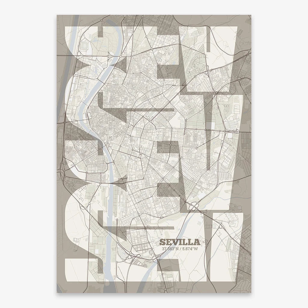 Poster of Sevilla composed with letters from its abbreviation or its airport IATA code printed on light brown and an off-white background
