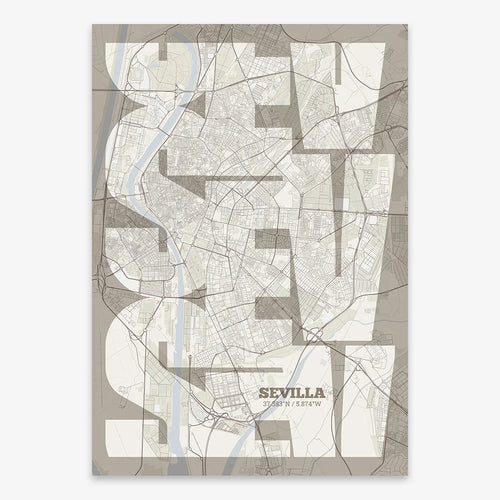Mapa de Sevilla en mi diseño la Inseparable, una visión artística con una tipografía expresiva que muestra la abreviatura del nombre sobre el mapa detallado diseñado en marrón claro y fondo blanco roto
