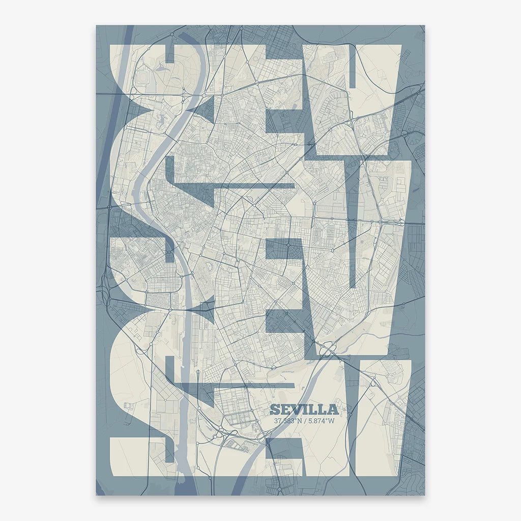 Poster of Sevilla composed with letters from its abbreviation or its airport IATA code printed on bluish gray and an off-white background