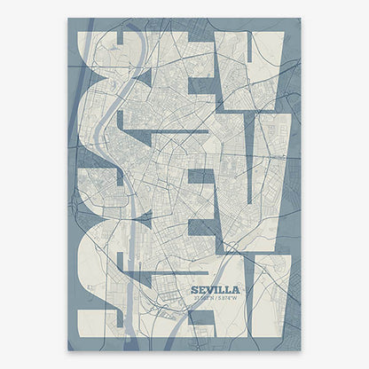 Poster of Sevilla composed with letters from its abbreviation or its airport IATA code printed on bluish gray and an off-white background