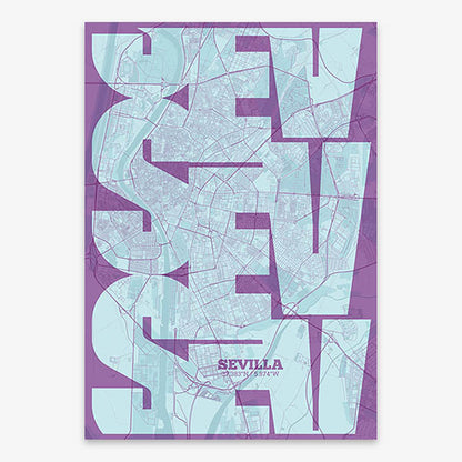 Poster of Sevilla composed with letters from its abbreviation or its airport IATA code printed on purple and light blue
