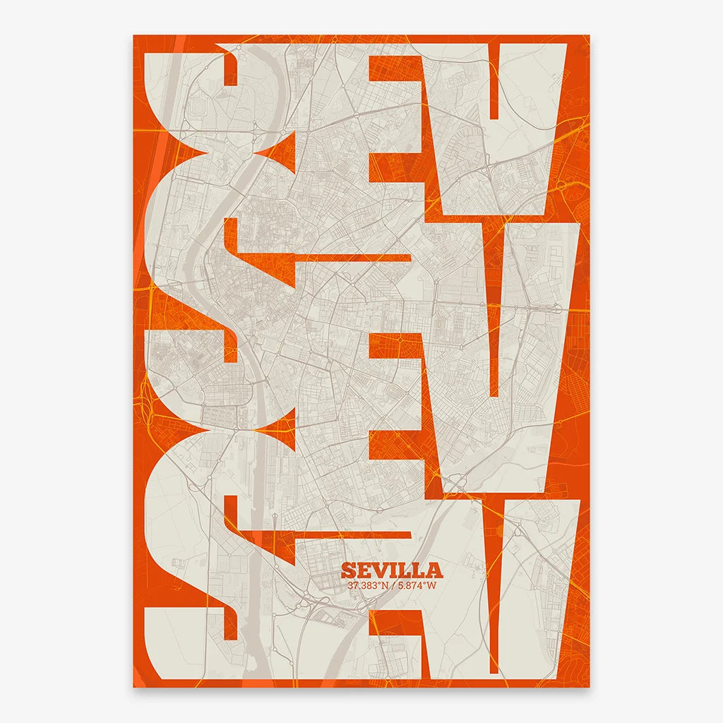 Poster of Sevilla composed with letters from its abbreviation or its airport IATA code printed on orange and an off-white background