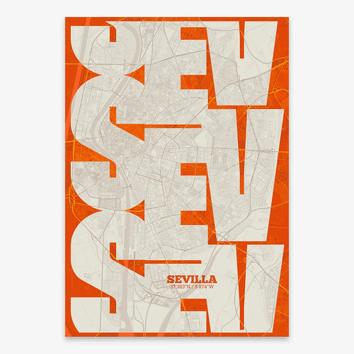Mapa de Sevilla en mi diseño la Inseparable, una visión artística con una tipografía expresiva que muestra la abreviatura del nombre sobre el mapa detallado diseñado en naranja y fondo blanco roto