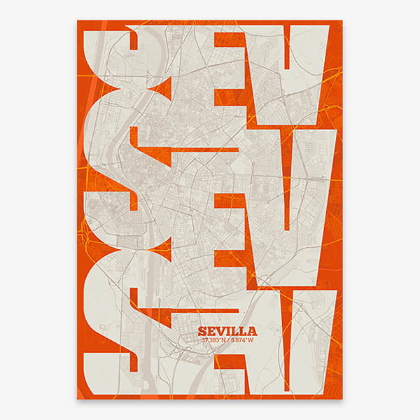 Poster of Sevilla composed with letters from its abbreviation or its airport IATA code printed on orange and an off-white background