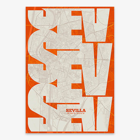 Poster of Sevilla composed with letters from its abbreviation or its airport IATA code printed on orange and an off-white background