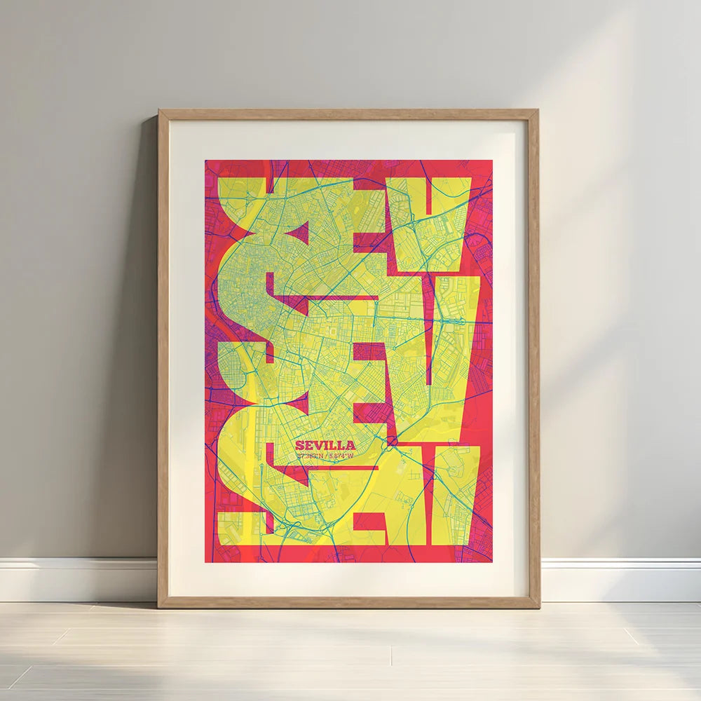 Póster artístico de Sevilla con tipografía geométrica - Decoración personalizada