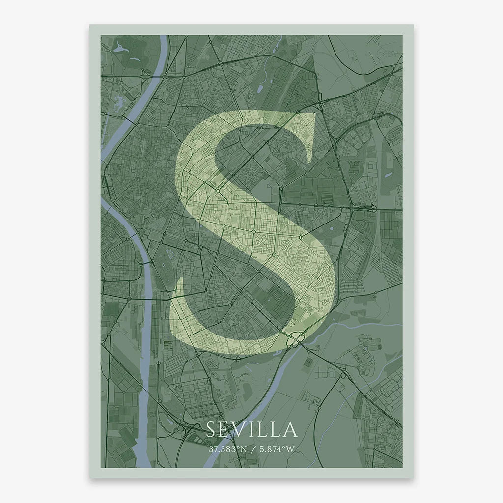 Decorative map of Sevilla composed with letters in serif font printed on two green tones