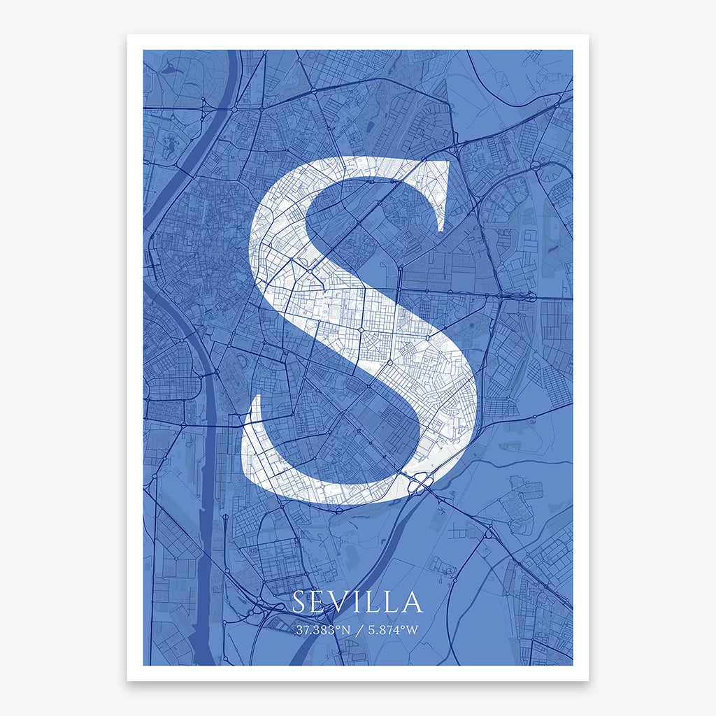 Decorative map of Sevilla composed with letters in serif font printed on navy blue and white