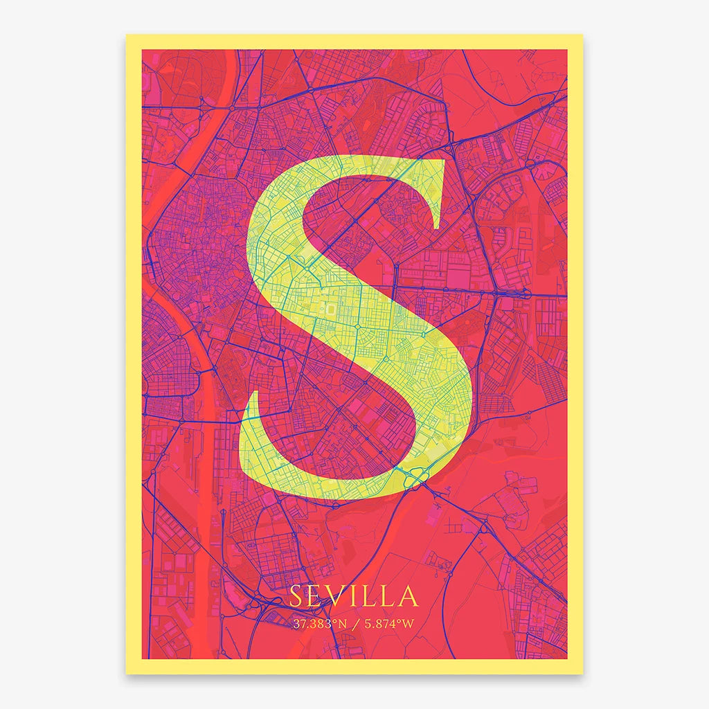 Decorative map of Sevilla composed with letters in serif font printed on yellow and fuchsia