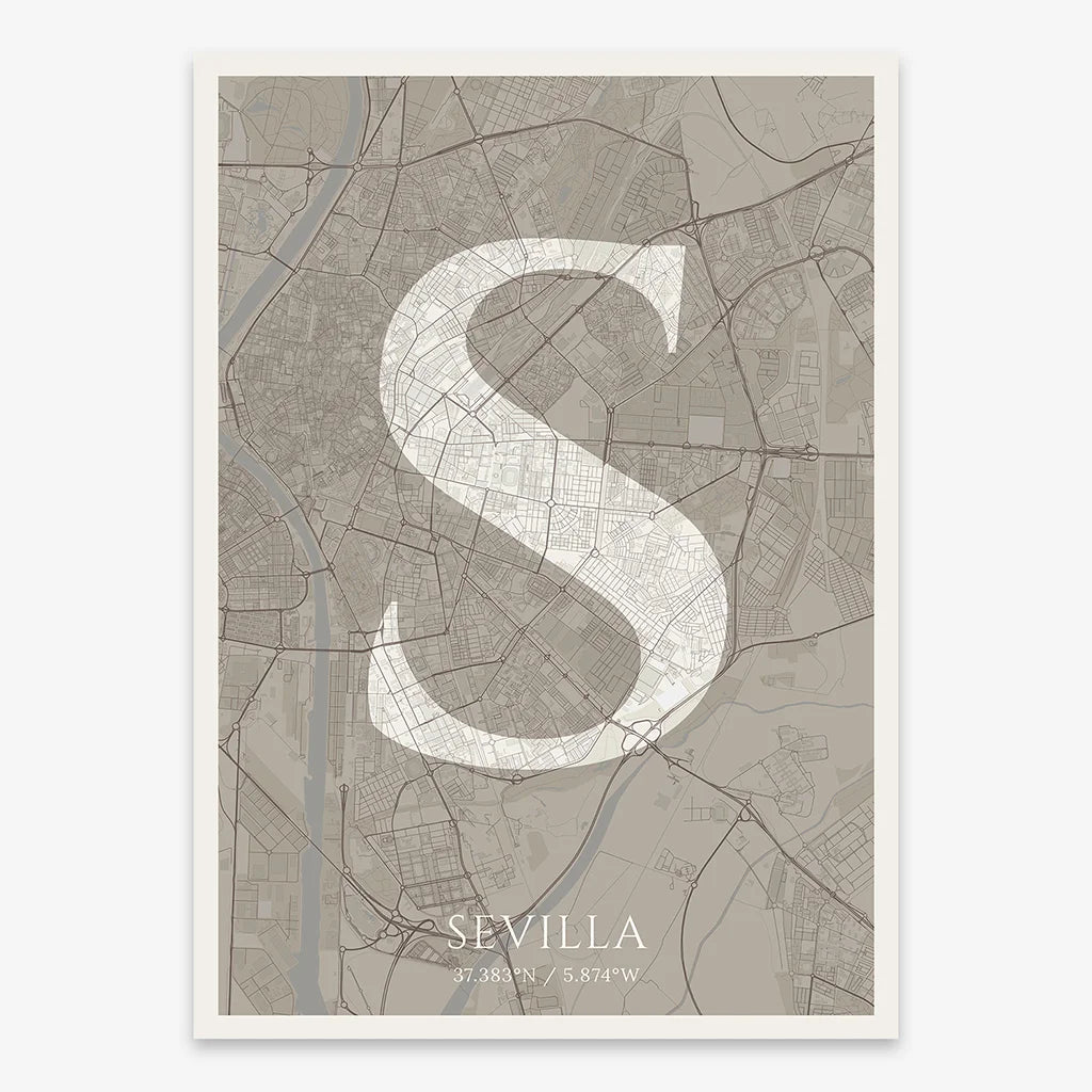 Decorative map of Sevilla composed with letters in serif font printed on light brown and an off-white background