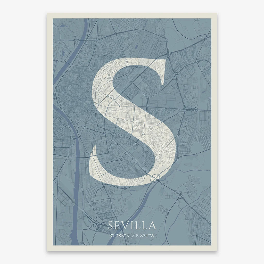 Decorative map of Sevilla composed with letters in serif font printed on bluish gray and an off-white background