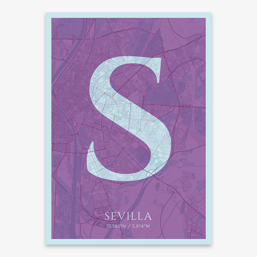 Decorative map of Sevilla composed with letters in serif font printed on purple and light blue