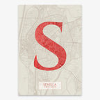 Decorative map of Sevilla composed with letters in serif font printed on red and an off-white background