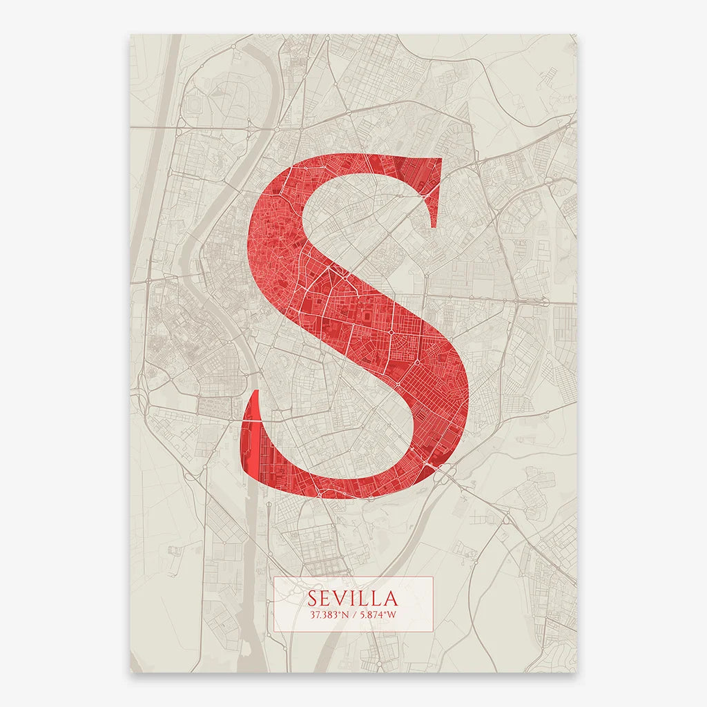 Decorative map of Sevilla composed with letters in serif font printed on red and an off-white background