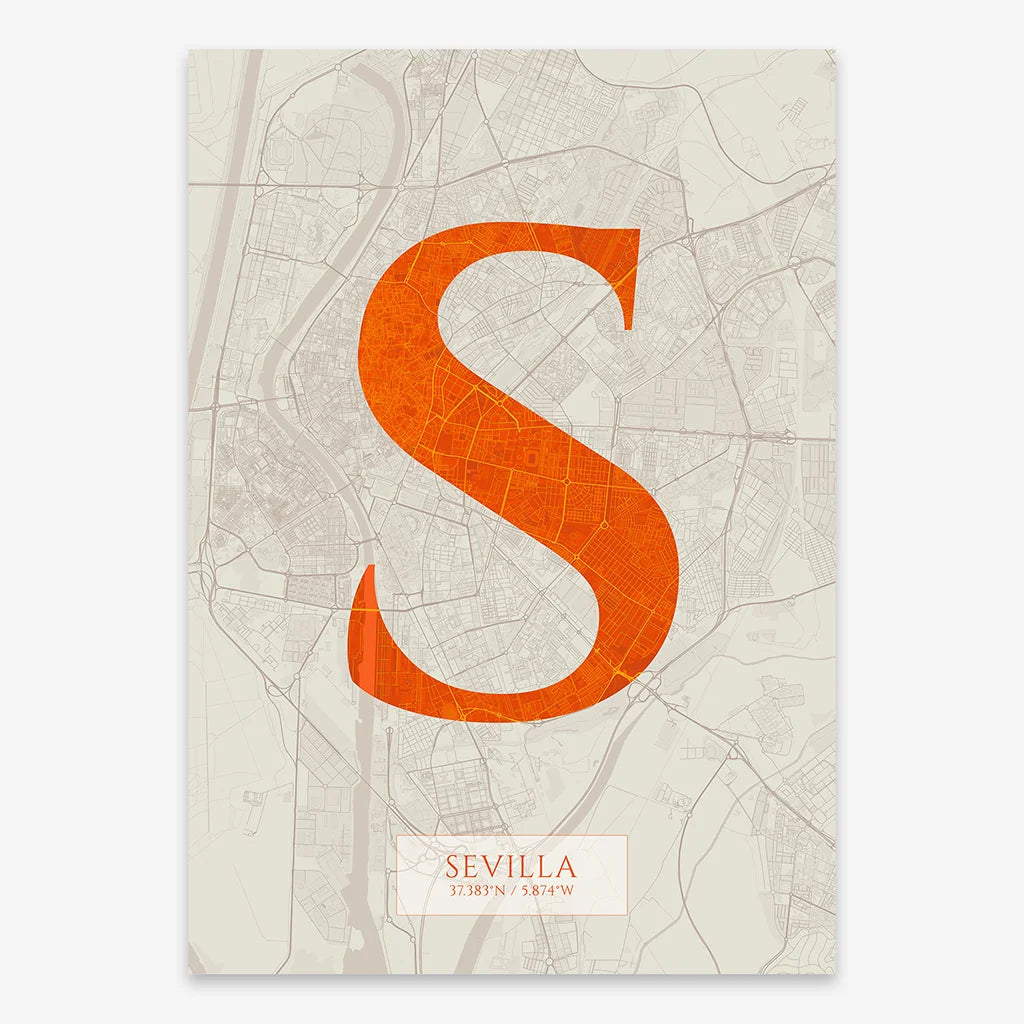 Decorative map of Sevilla composed with letters in serif font printed on orange and an off-white background