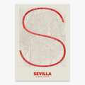 Poster of Sevilla composed with letters in extra light font printed on red and an off-white background