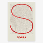 Poster of Sevilla composed with letters in extra light font printed on red and an off-white background