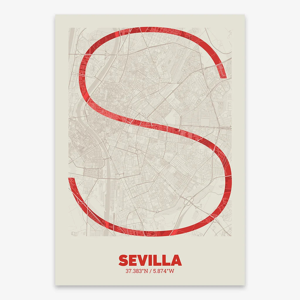 Poster of Sevilla composed with letters in extra light font printed on red and an off-white background
