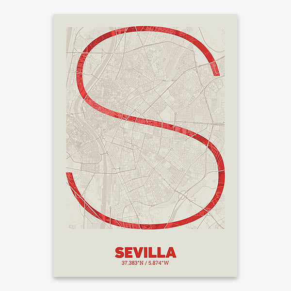 Poster of Sevilla composed with letters in extra light font printed on red and an off-white background