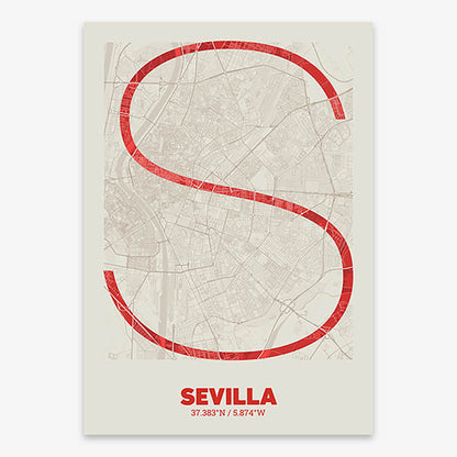 Poster of Sevilla composed with letters in extra light font printed on red and an off-white background