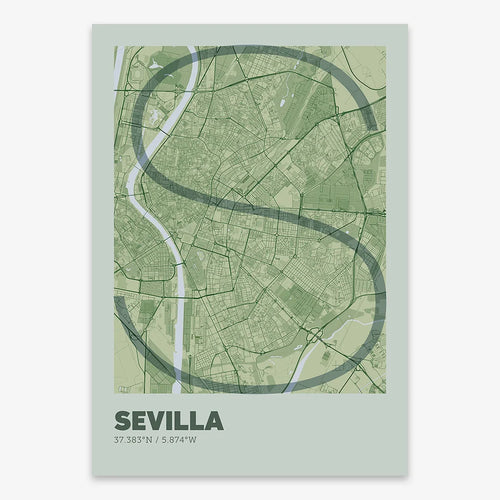 Mapa de Sevilla en el diseño la Ultrafina, una estética minimalista que combina cartografía urbana con letras modernas, finas y elegantes diseñado en dos tonos de verde