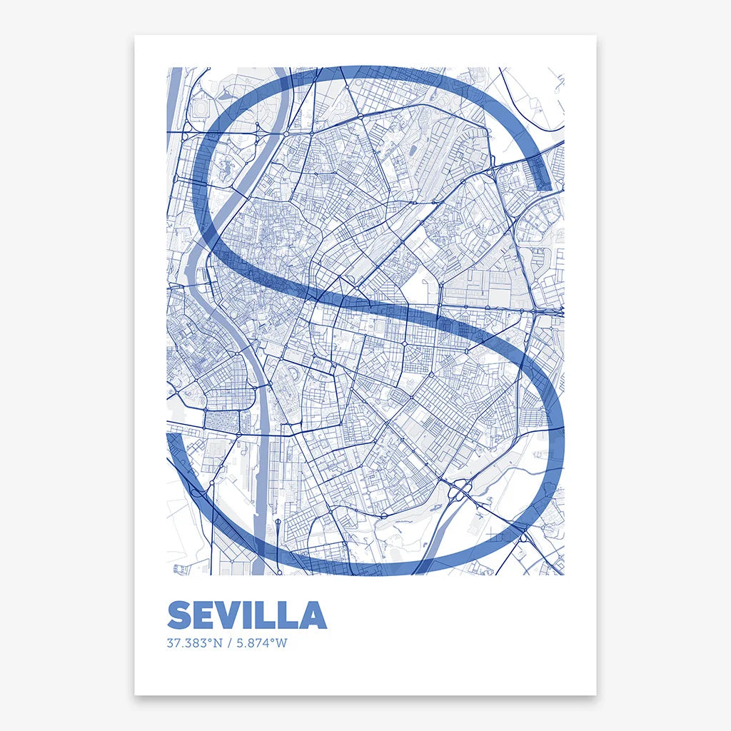 Poster of Sevilla composed with letters in extra light font printed on navy blue and white