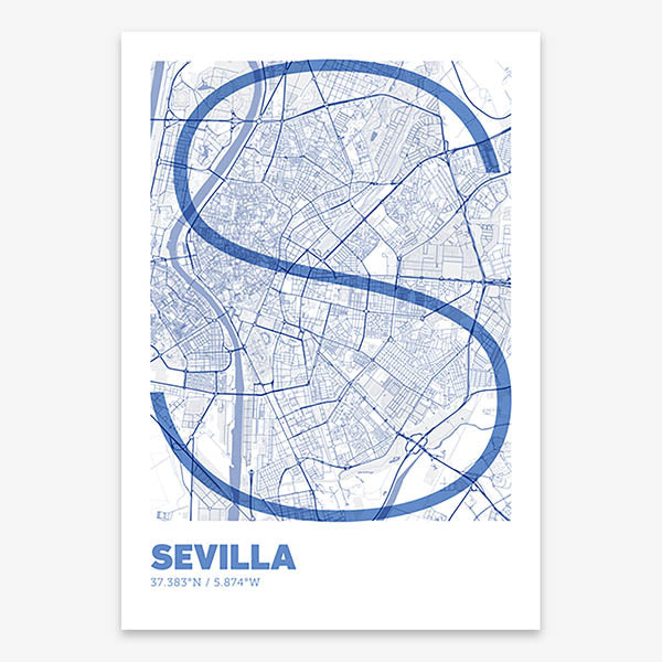 Poster of Sevilla composed with letters in extra light font printed on navy blue and white