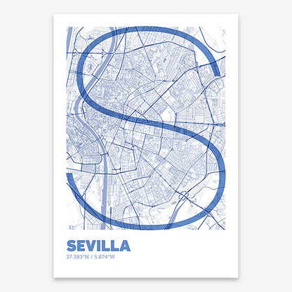 Poster of Sevilla composed with letters in extra light font printed on navy blue and white