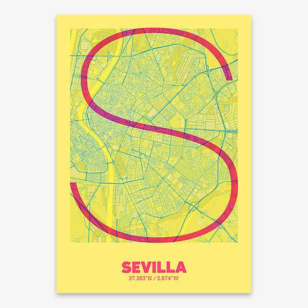 Poster of Sevilla composed with letters in extra light font printed on yellow and fuchsia