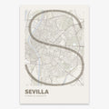 Mapa de Sevilla en el diseño la Ultrafina, una estética minimalista que combina cartografía urbana con letras modernas, finas y elegantes diseñado en marrón claro y fondo blanco roto