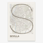 Mapa de Sevilla en el diseño la Ultrafina, una estética minimalista que combina cartografía urbana con letras modernas, finas y elegantes diseñado en marrón claro y fondo blanco roto
