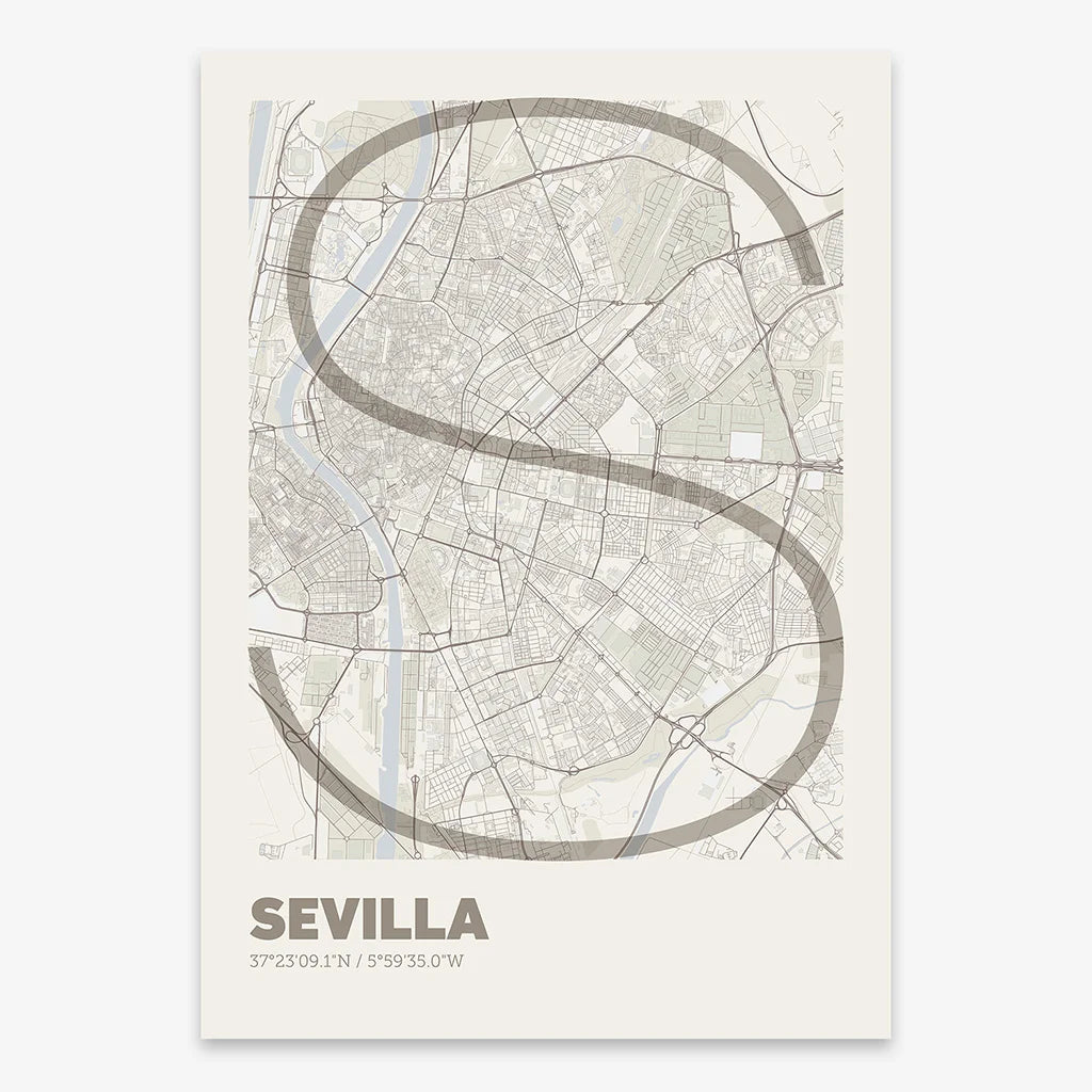 Poster of Sevilla composed with letters in extra light font printed on light brown and an off-white background