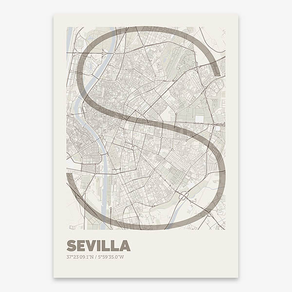 Poster of Sevilla composed with letters in extra light font printed on light brown and an off-white background
