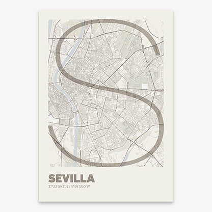Poster of Sevilla composed with letters in extra light font printed on light brown and an off-white background