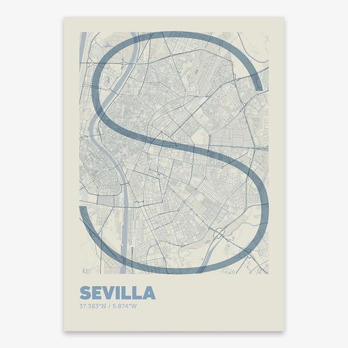 Mapa de Sevilla en el diseño la Ultrafina, una estética minimalista que combina cartografía urbana con letras modernas, finas y elegantes diseñado en gris azulado y fondo blanco roto