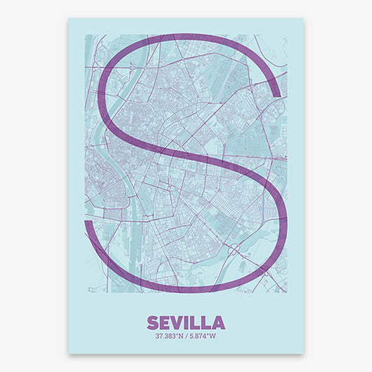 Poster of Sevilla composed with letters in extra light font printed on purple and light blue