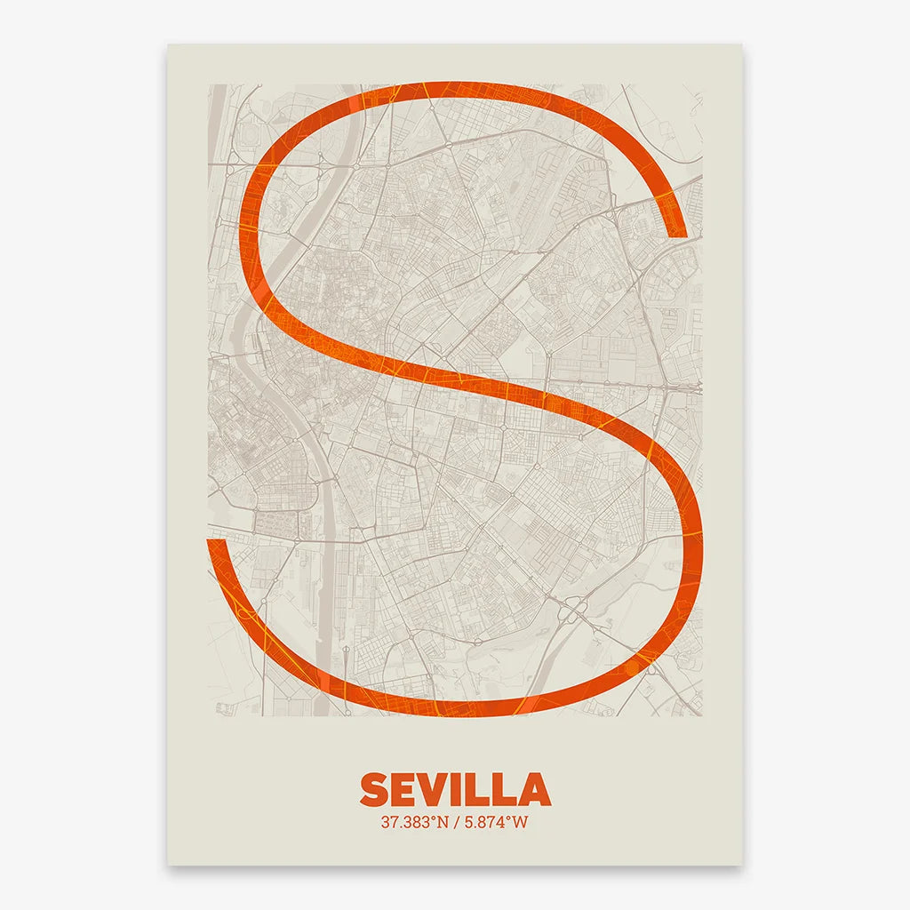 Poster of Sevilla composed with letters in extra light font printed on orange and an off-white background