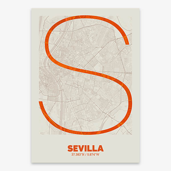 Poster of Sevilla composed with letters in extra light font printed on orange and an off-white background