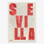 Decorative print of Sevilla with letters of its name placed randomly, designed in red and an off-white background