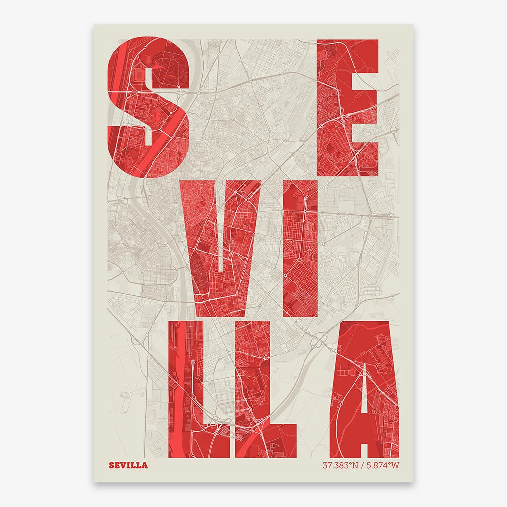 Decorative print of Sevilla with letters of its name placed randomly, designed in red and an off-white background