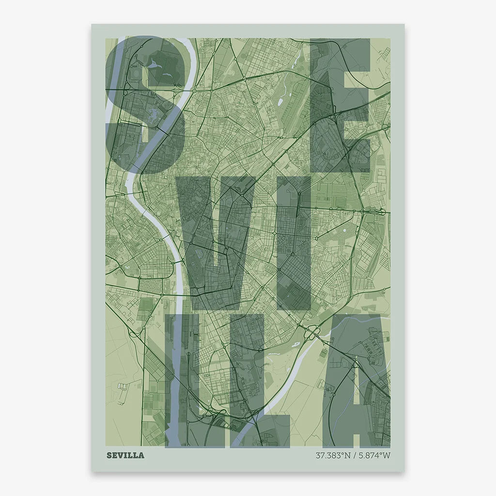 Decorative print of Sevilla with letters of its name placed randomly, designed in two green tones