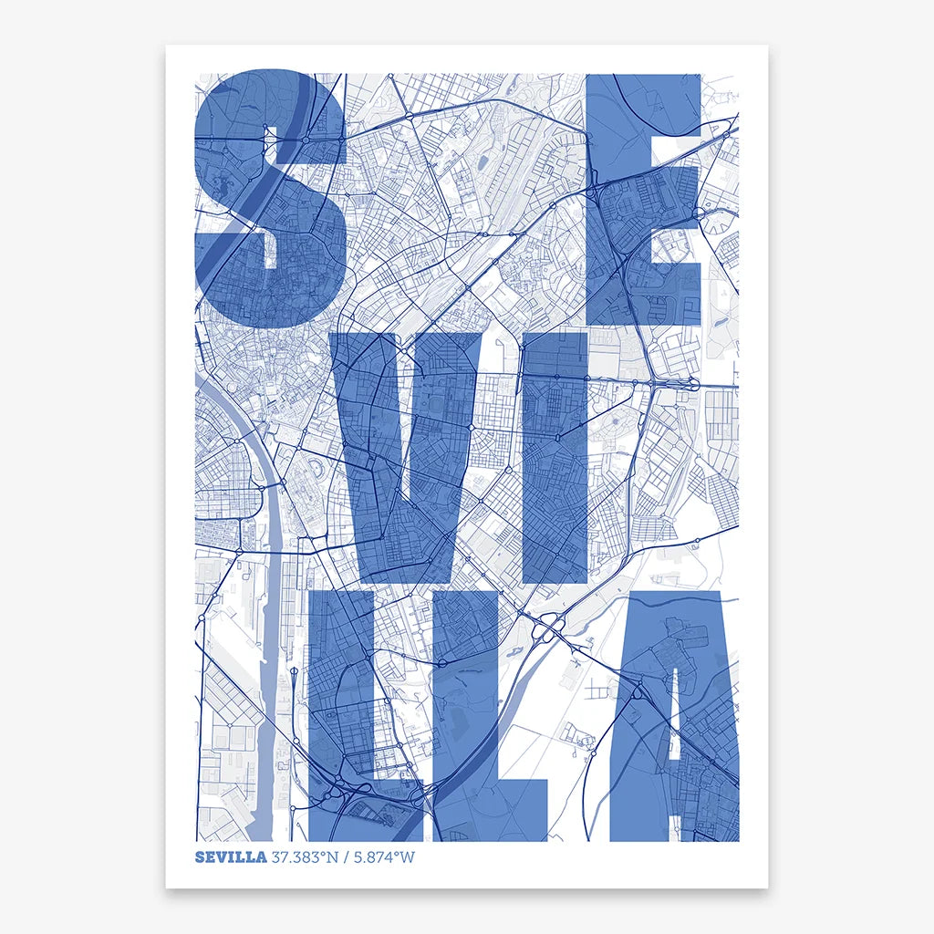 Decorative print of Sevilla with letters of its name placed randomly, designed in navy blue and white